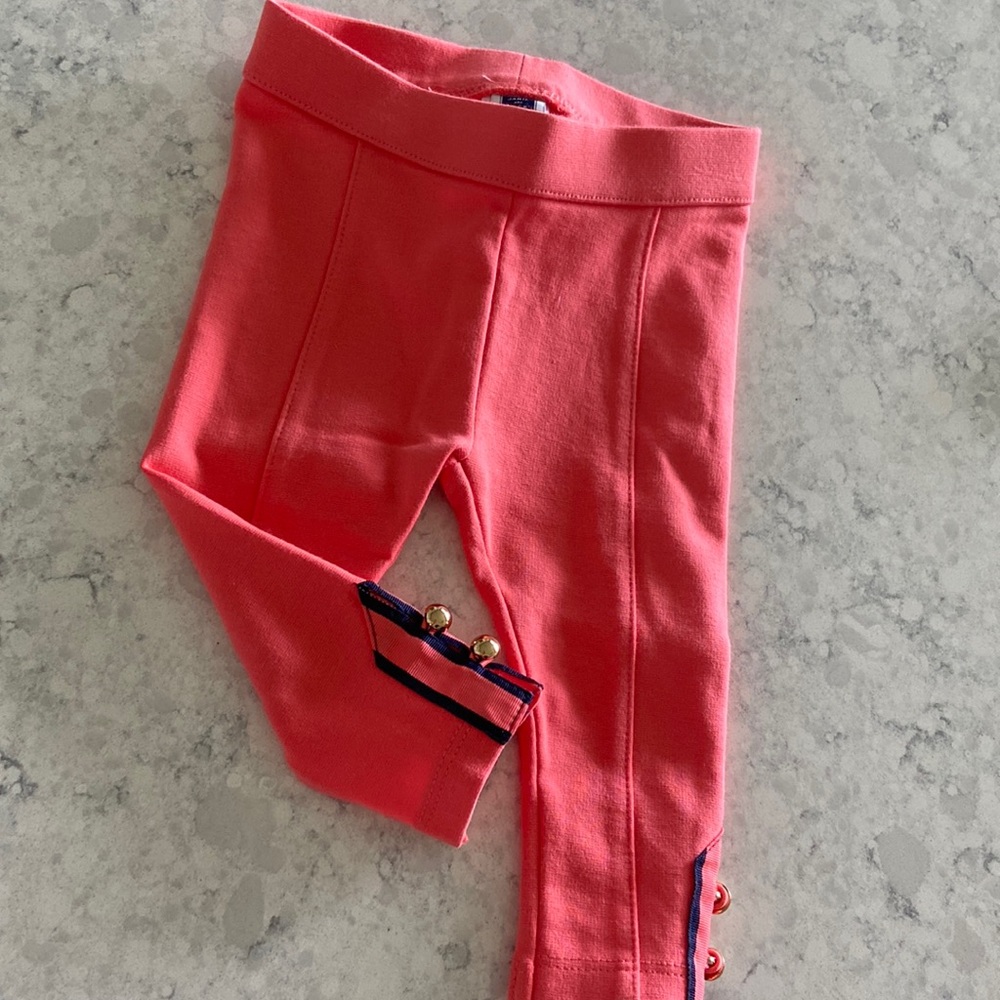 Janie and Jack salmon and navy stretch pants with gold button ankles 3-6 month